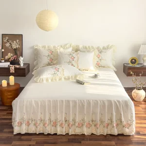 Luxury French Style Eco-Friendly 200TC Breathable Polyester Embroidery Lace Ruffle Floral 3Pcs Bed Skirt Sets Home