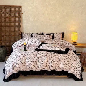 Luxury French Style Printed Ruffled Zebra Striped Cotton Double Layer Yarn Duvet Cover Sets for Home Bedroom Use All Season