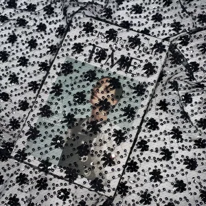 Luxury French White Black Beaded Mesh Breathable Shiny Sequin Flower Lace Fabric for Bridal Veil Wedding Party Dress