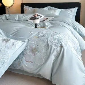 Luxury Gift Grade 100% Cotton Floral Embroidery Bedding Set 4 Pcs Duvet Cover Flat Sheet Soft Breathable Bed Linen for Home