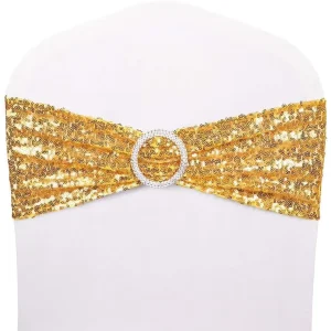 Luxury Gold Sequin Wedding Chair Back Sash Elastic Spandex Chair Band for Party Event
