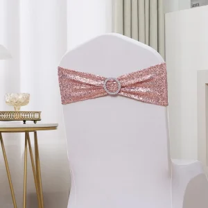 Luxury Gold Sequin Wedding Chair Back Sash Elastic Spandex Chair Band for Party Event