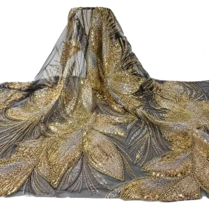 Luxury Gold Sequined Embroidery Mesh Fabric Beaded Floral Tulle Lace Fabric Sparkly Fabric for Evening & Bridal Gowns
