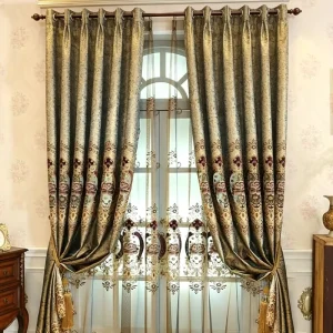 Luxury Golden Embroidery Curtain Floral Embroidered Semi Blackout Curtains for Living Room Curtains Valances