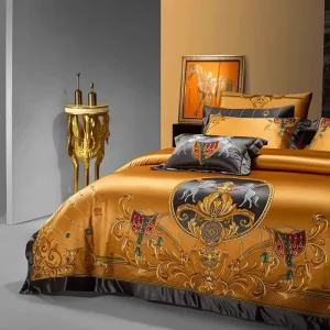 Luxury Golden Silky Satin Animal Pattern Jacquard Embroidery King Size Comforter Set 600TC All Season Bedding