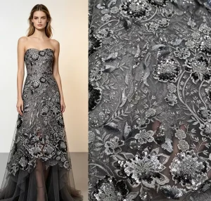 Luxury Gunmetal Silver Crystal Bead Mesh Heavy Embroidery Fabric for Couture Wedding Guest Dress