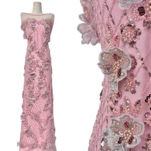 Luxury Handcrafted Ribbon Flower Tube Bead Haute Couture Red Carpet Fabric