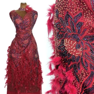 Luxury Heavy Handcrafted Dahlia Crystal Beaded Sequin Feather Fringe Haute Couture Red Carpet Fabric