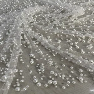 Luxury Heavy Pearl Beaded Tulle Fabric 100% Polyester Beaded Mesh Fabric for Wedding Bridal Dress
