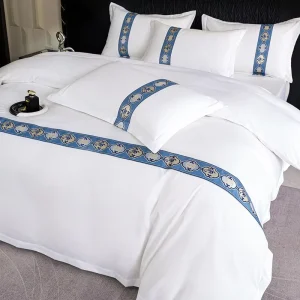 Luxury Hotel 100% Cotton 6Pcs Bedding Set White Blue Jacquard Ribbon 5-Star Resort Queen King Custom Logo