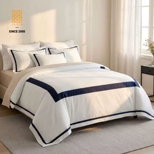 Luxury Hotel Bed Linen 100% Cotton Percale Duvet Cover Queen White Comforter Cover with Navy Blue Frame Bedding Set