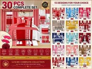 Luxury Jacquard Bedding Set 30PCS Comforter Curtains Bathroom Set Wedding Collection