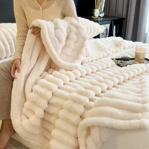 Luxury Jacquard Striped Winter Baby Blanket Thick Cozy Mink Raschel Fluffy Plush Faux Fur Warm Throw