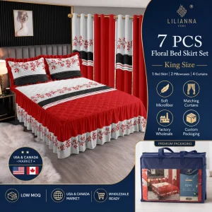 Luxury King Size Floral Bed Skirt Bedding Set with Curtains 7 Piece Microfiber Set