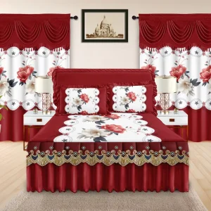 Luxury Lace Bed Skirt 5 Piece Set Sheet Set with Double Layer Valance Jacquard Curtain