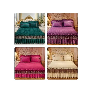 Luxury Lace Embroidery Bed Skirt Bedspread Velvet Home Bedding Set