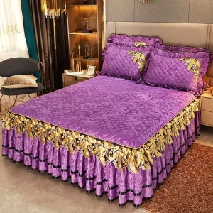 Luxury Lace Embroidery Bed Skirt Velvet Embroidery Bed Skirt Thickened Bedding Set King Size for Winter