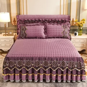Luxury Lace Embroidery Bed Skirt for Home Thickened Skirting Bed Set 4pcs Bed Cover Bedsheet