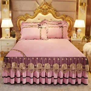 Luxury Lace Embroidery Bed Skirts Set King Size Home Bed Covers With Pillow Case Fitted Bedding Skirt Hotel Home