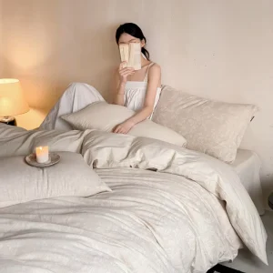 Luxury Linen Cotton Jacquard Yarn Dyed Plant Pattern 4-Piece Bedding Set Breathable Wrinkle Resistant All-Season for Home Use