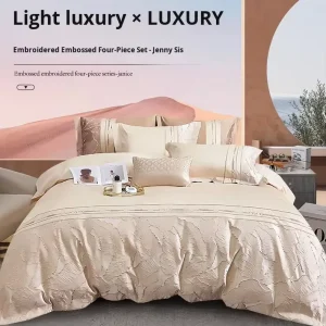 Luxury Long-staple Cotton Four-Piece King Comforter Set Full Cotton Relief Embroidery Eco-Friendly Breathable European-American