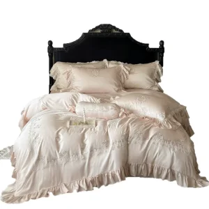 Luxury Lyocell Bedding Set French Ruffle Lace Embroidery Cool Breathable 4pcs Bed Linen Set For Hotel Home Homestay