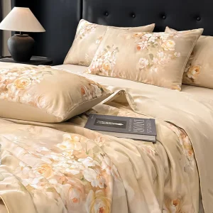 Luxury Lyocell Fabric Eco-Friendly Embroidered Plant Pattern King Size Soft All-Season 4-Piece Bedding Set Duvet Cover Bed