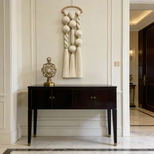 Luxury Macramé Rope Wall Hanging with Gold Accents for High End Living Room & Foyer Decor