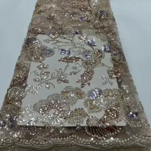Luxury Mesh Lace Fabric Breathable Wear Resistant Crystal Beads Embroidery Fabric for Wedding Dress