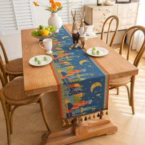 Luxury Middle Eastern Style Jacquard Polyester Table Runner with Tassel Fringe Soft Comfortable Hand Feel for Hotel