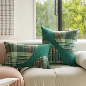 Luxury Modern Jacquard Geometric Square Cushion Cover Green Patchwork Grid Stitching Zipper Closure Home Hotel Office