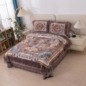 Luxury Modern Plant Pattern Knitted 2 Ply Thick Blanket King Size 4 Pieces Embossed Raschel Set for Winter