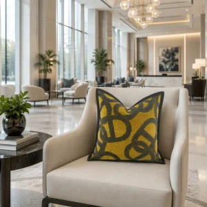 Luxury Mustard Yellow Embroidered Cushion Cover Black Abstract Loop Throw Pillow Case with Satin Piping for Sofa