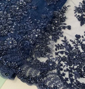 Luxury Navy Blue Beaded Sequined Lace Fabric for Wedding Bridal Dresses Heavyweight Double-Sided Borders Dress