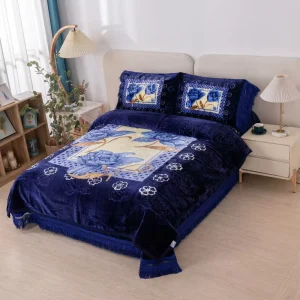 Luxury Navy Thick Raschel Fleece Blanket 4 Pcs Bedding Set Warm Winter Bed Cover Set for Hotel Home Wedding
