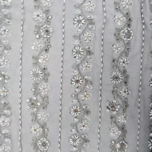 Luxury Pearl Beaded Flower Sequin Lace Fabric Stripe Embroidery Tulle for High-End Bridal Gowns Designer Wedding Fabric