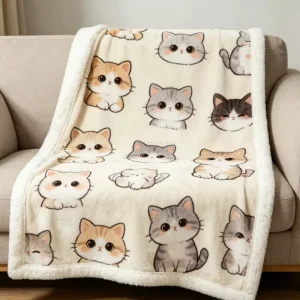 Luxury Plush Throw Double-Layered Thick Winter Cat Blanket Sherpa Fleece Digital Printed Travel Non-Toxic Kawaii Decor Blanket