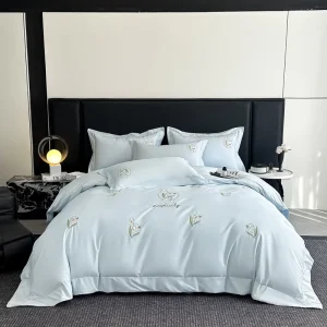 Luxury Premium Lily of the Valley Design Embroidery 300TC Egyptian Cotton Duvet Cover Set 80S Long Staple Girls Bedding