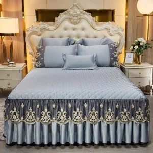 Luxury Quilted Layer Lace Strap Style Bed Skirt Pillowcases Set Solid Color Skin Friendly Embroidered Pattern Love Bed Skirt