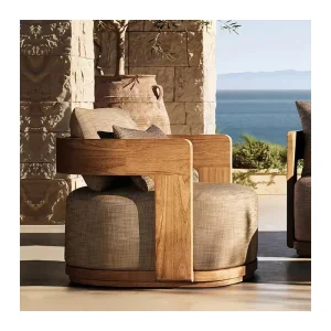 Luxury Resort Patio Seating Modern Architectural Wooden Lounge Round Thick Cushion Weatherproof Fabric OEM