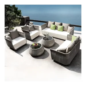 Luxury Resort Patio Seating Round Drum Coffee Table Thick White Cushion OEM Outdoor Couch Dimension
