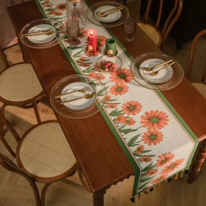 Luxury Retro Polyester Table Runner with Tassels Geometric Floral Jacquard Cover for Dining Cabinet