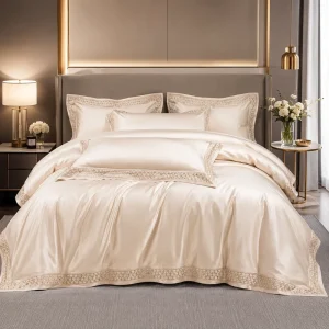Luxury Satin 4 Piece Bedding Set with Embroidered Trim Duvet Cover Bed Sheet and Pillowcases