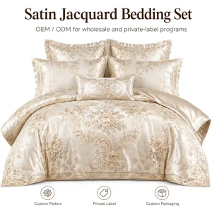 Luxury Satin Jacquard Bedding Set King Queen Size 4PCS 6PCS 7PCS Duvet Cover Set OEM ODM Custom Hotel Wedding Bed Linen