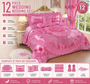 Luxury Satin Wedding Bedding Set 12PCS Embroidered Floral Comforter Set with Curtains for Bedroom Decor