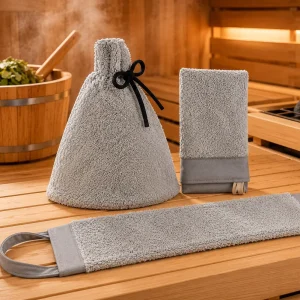 Luxury Sauna Gift Set Cotton Terry Sauna Cap Bath Glove and Exfoliating Back Towel Wellness Spa Accessories for Men and Women