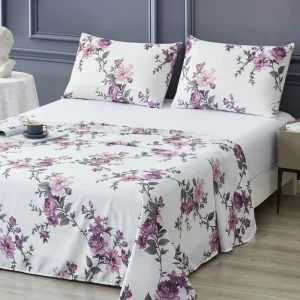 Luxury Sheet Home Printed Flower Purple Bedding Set Bed Sheet Pillow Four Piece Set