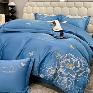 Luxury Silk Embroidery Bed Cover and Comforter Set Striped Pattern King Size Luxury Bedding for Home Use
