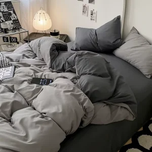 Luxury Simple Elegant Four Piece Set Washed Pure Color Quilt Cover and Bed Sheets for Double Beds Bedding