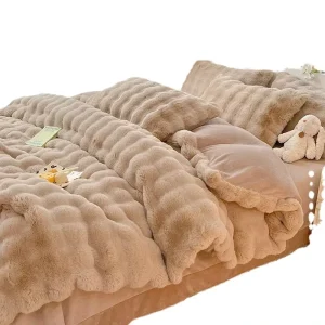 Luxury Soft Faux Rabbit Fur Bedding Sets Long Hair Plush Shaggy Color D 4Pcs Duvet Cover Bed Sheet Pillowcases Bedding Set